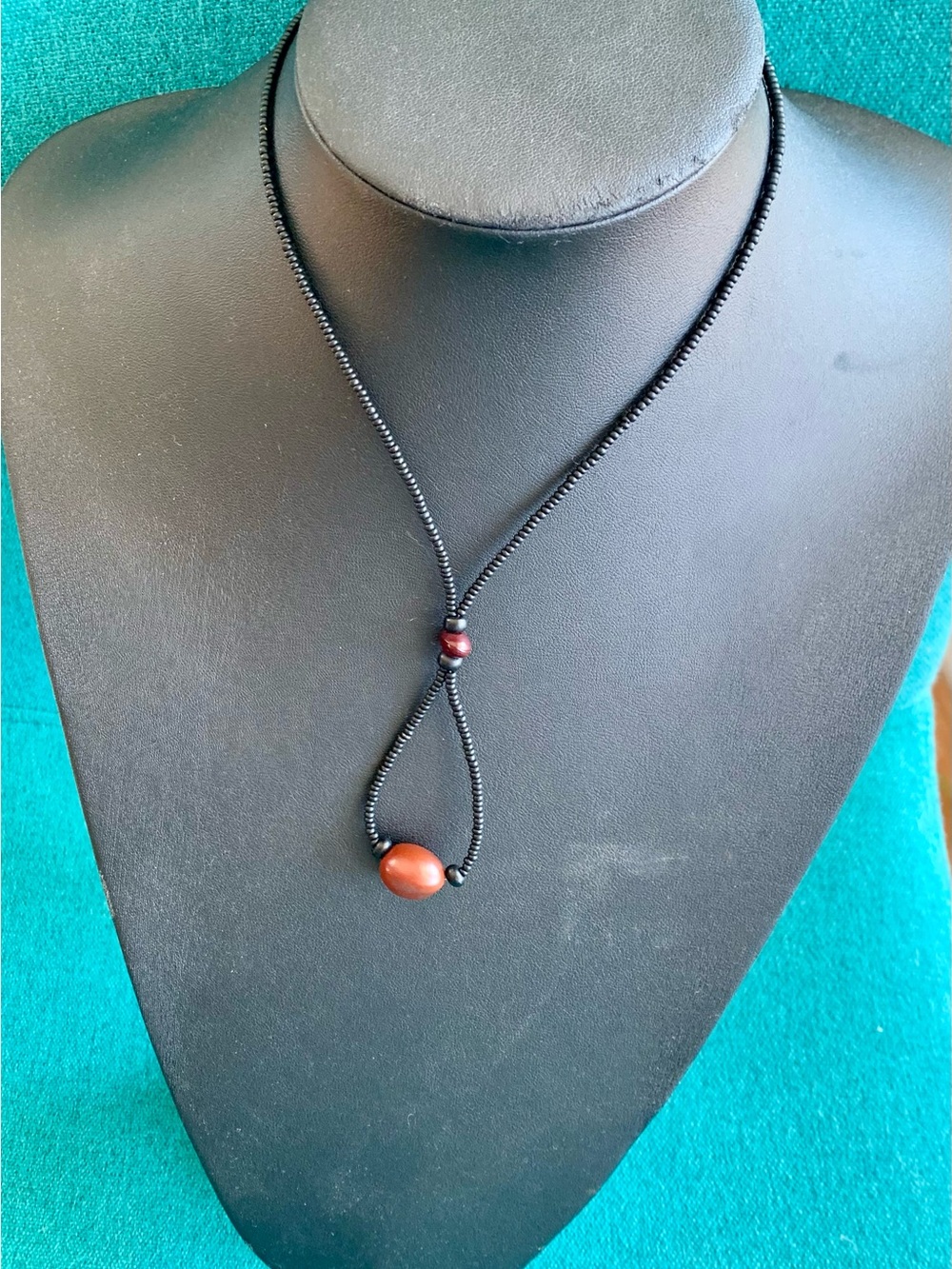 Minimal Black Cord Necklace with Burgundy Tree Bead Accent